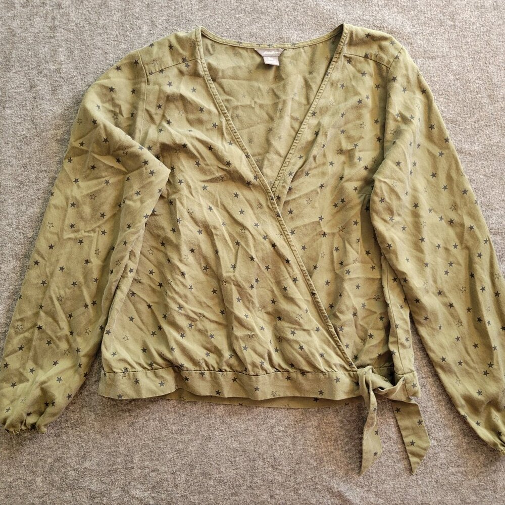 Eddie Bauer Olive Green ¾ Sleeve Star Pattern Blouse M Kimono Babydoll
